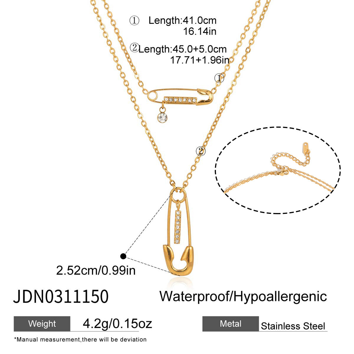 Collana da donna a doppio strato in acciaio inossidabile placcato PVD, con strass a spilla da balia geometrica minimalista