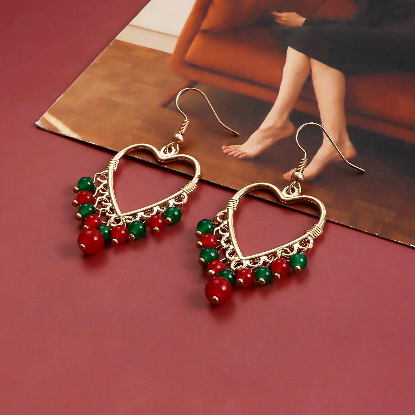 Geometric Hollow Large Heart Tassel Earrings for Women with Colorful Crystal Accents and Electroplated Metal Finish