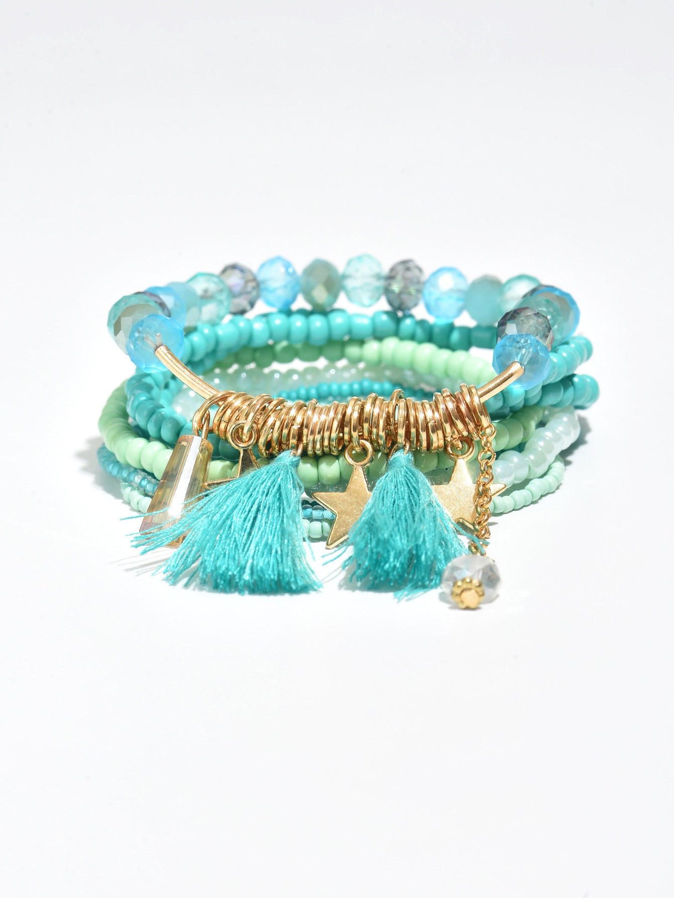 Bracciale donna multistrato bohémien con perline geometriche, nappa e ciondolo a stella