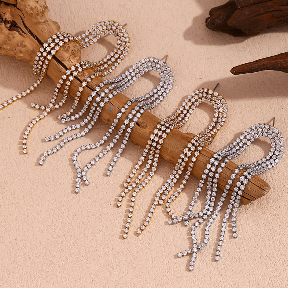 Orecchini a polsino geometrici alla moda in acciaio inossidabile con placcatura in oro 18 carati e pendenti a forma di arco con zirconi micro-incastonati da donna