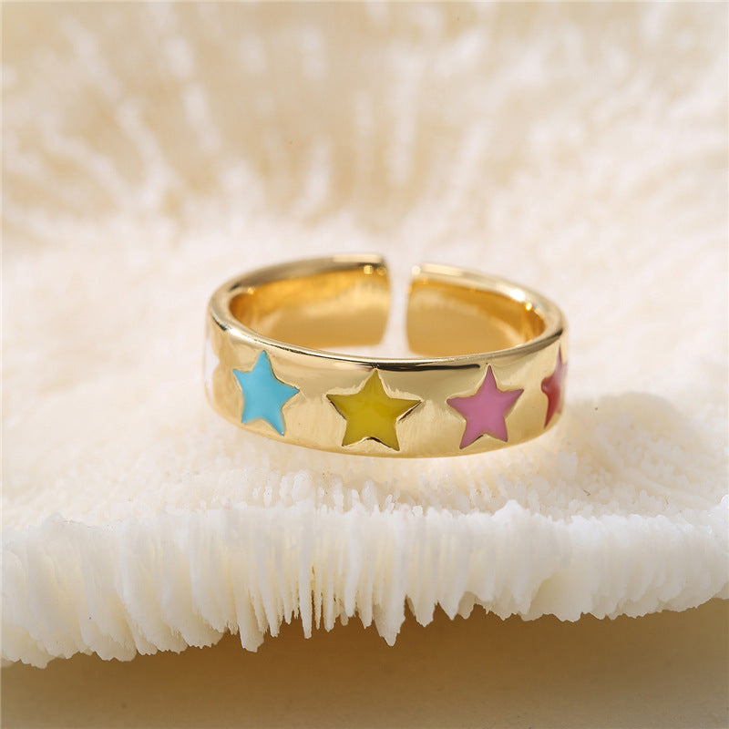 Rainbow Gradient Drip Oil Gold Plated Brass Star Ring for Women
