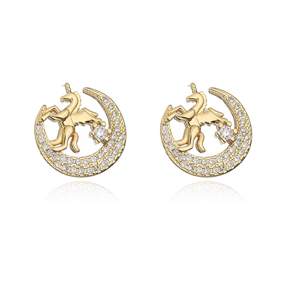 Minimalist Moon Unicorn Earrings for Women with Copper Base and 18K Gold Plating, Micro-Paved Zirconia Accents