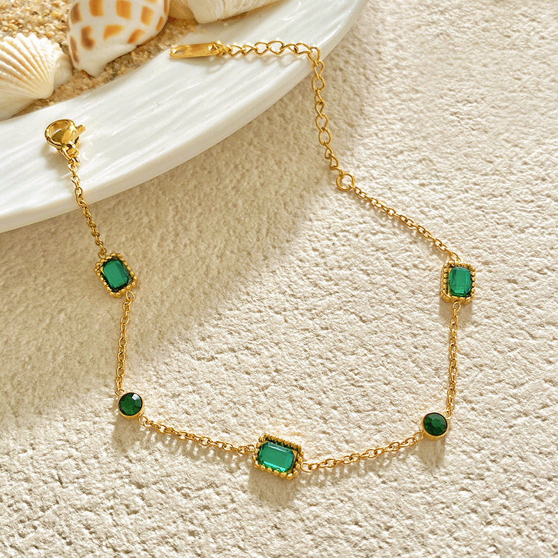 Gold Plated Titanium Steel Square Emerald Micro-set Cubic Zirconia Bracelet Geometric Unisex