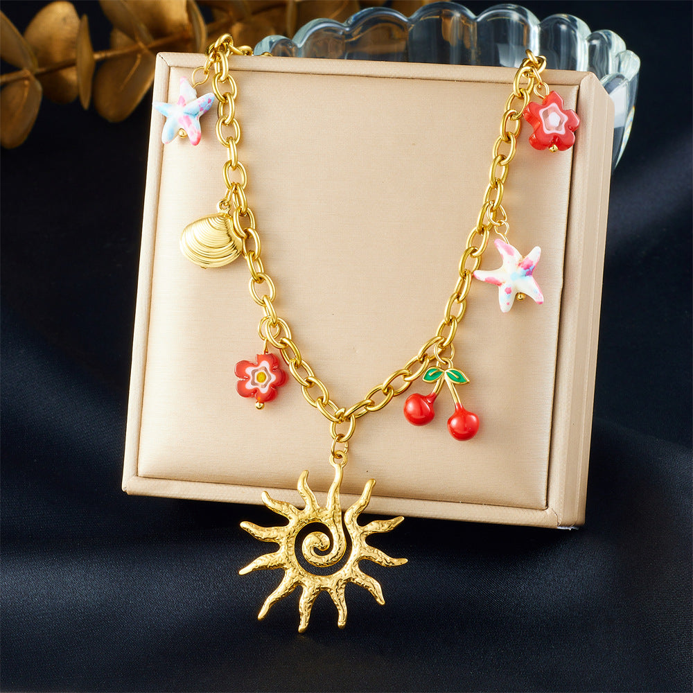 Gold Plated Drip Oil Floral Star Fruit Stainless Steel Cable Chain Necklace for Women
