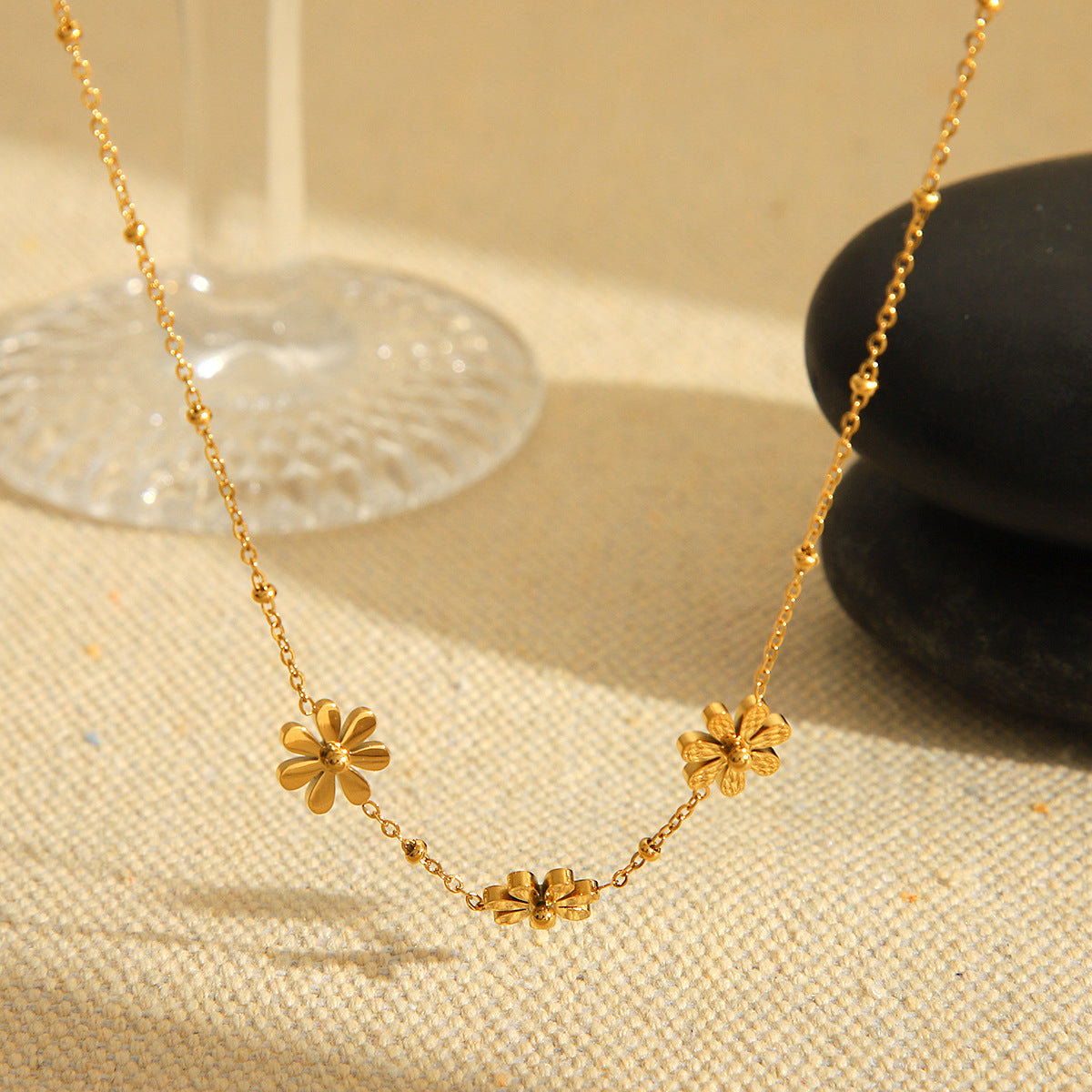 Minimalist Sunflower and Daisy Pendant Necklace for Women in Stainless Steel with Titanium Steel Accents, Electroplated Finish, O-Chain Design