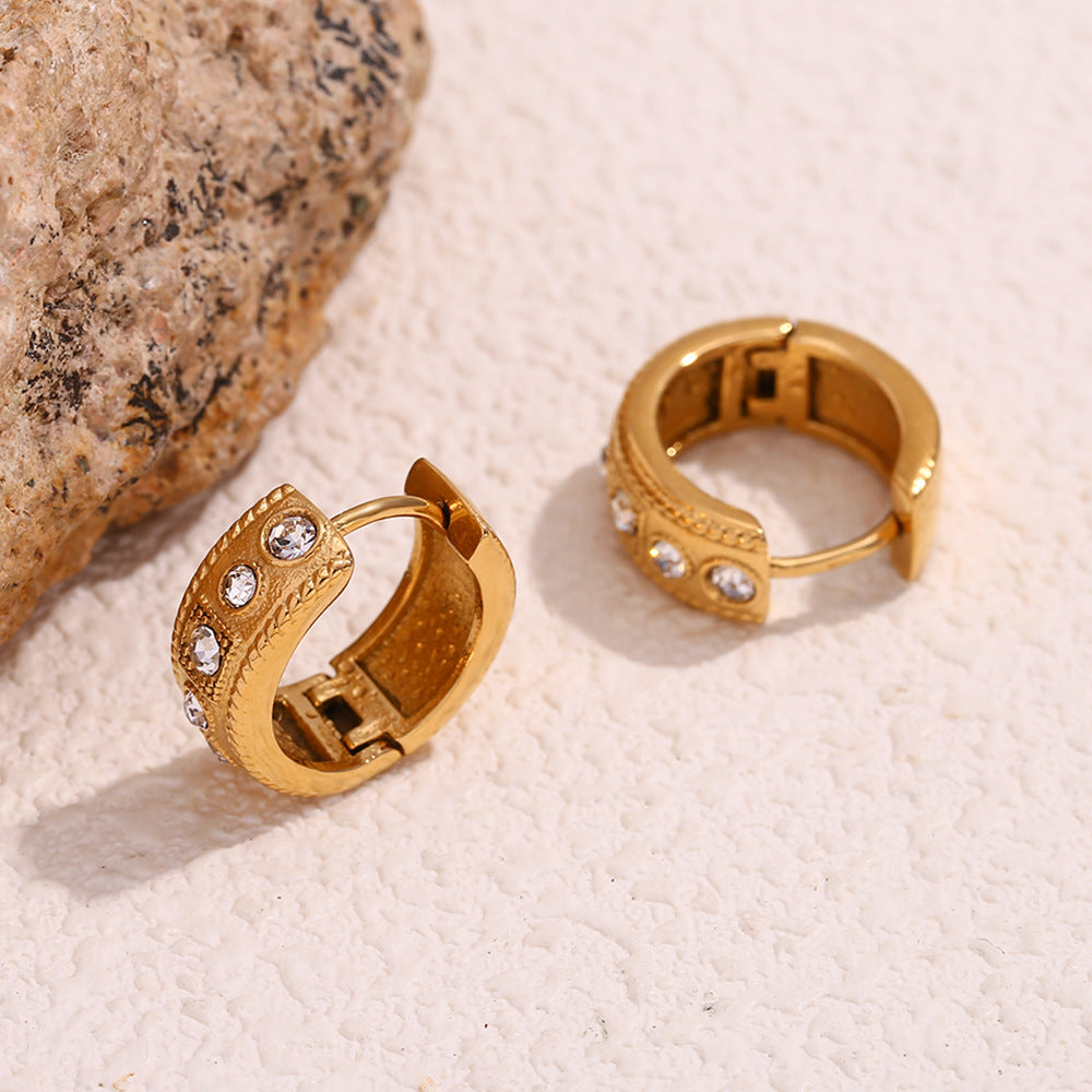 Orecchini a polsino geometrici vintage alla moda in acciaio inossidabile placcati oro 18 carati con strass, per donna