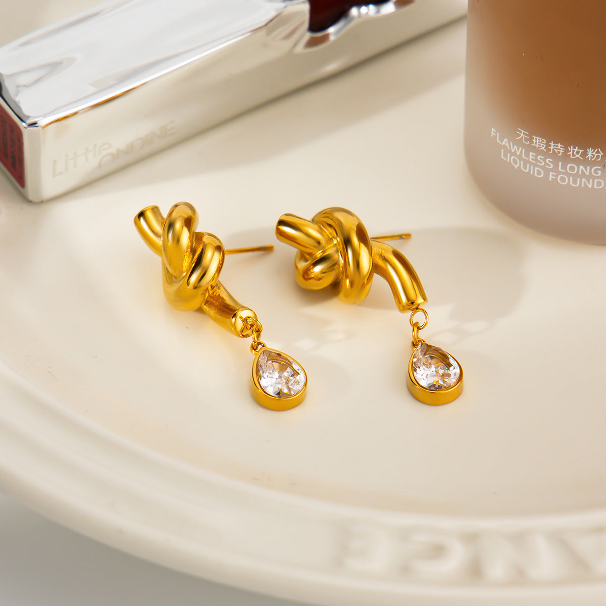 Elegant PVD Plated Stainless Steel Teardrop Rhinestone Geometric Earrings for Women