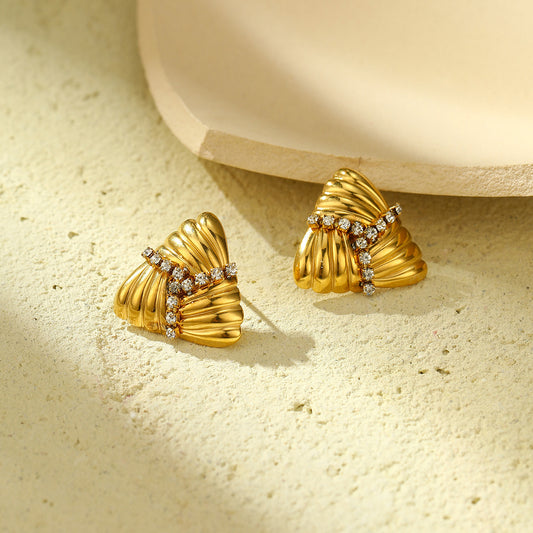 Fashionable Geometric Triangle Texture Rhinestone-Triple Titanium Steel Stud Earrings for Women with Plated Finish