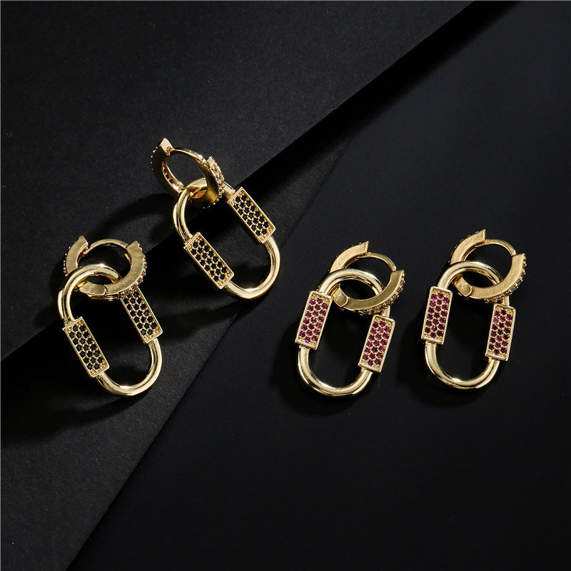 18K Gold Plated Geometric Brass Earrings with Cubic Zirconia for Women