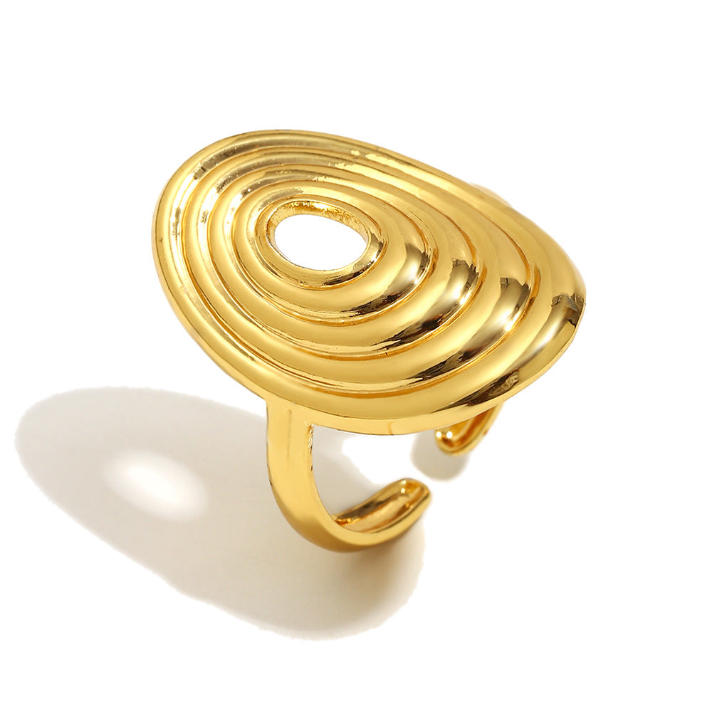 Anillo Minimalista Geométrico de Acero Inoxidable con Baño de Oro de 18K y Detalles Florales en Espiral de Circonita para Mujer