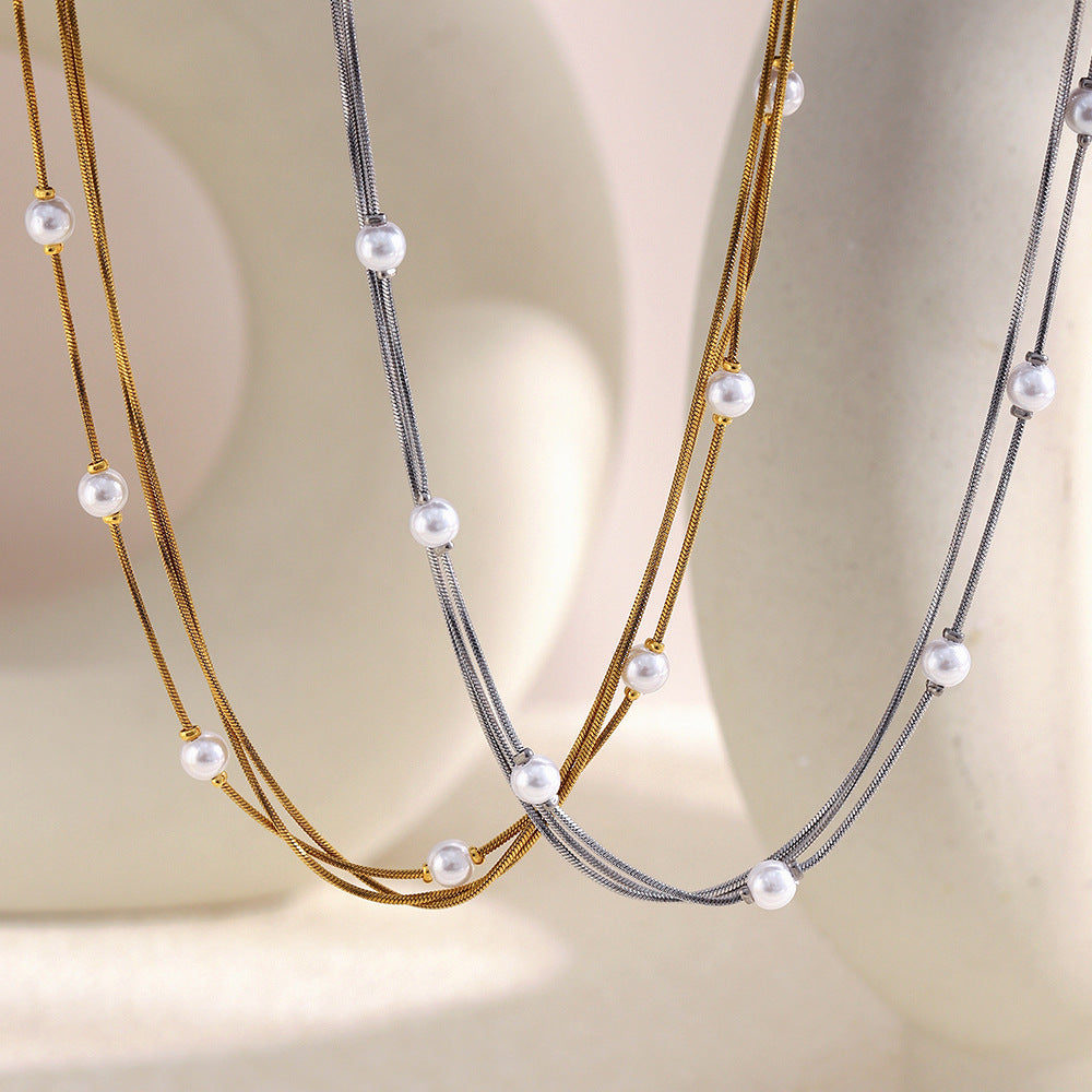 Minimalist Elegant Geometric Stainless Steel Gold Plated Imitation Pearl Necklace with Triple Layer Fine Snake Chain for Women