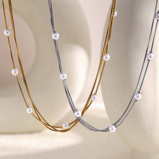 Minimalist Elegant Geometric Stainless Steel Gold Plated Imitation Pearl Necklace with Triple Layer Fine Snake Chain for Women