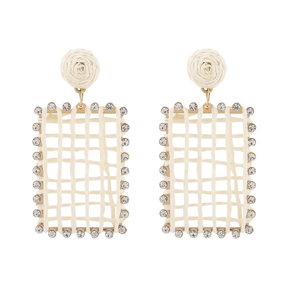 Orecchini in rafia intrecciata con ritagli geometrici da donna con dettagli in strass, stile fresco e minimalista per le vacanze