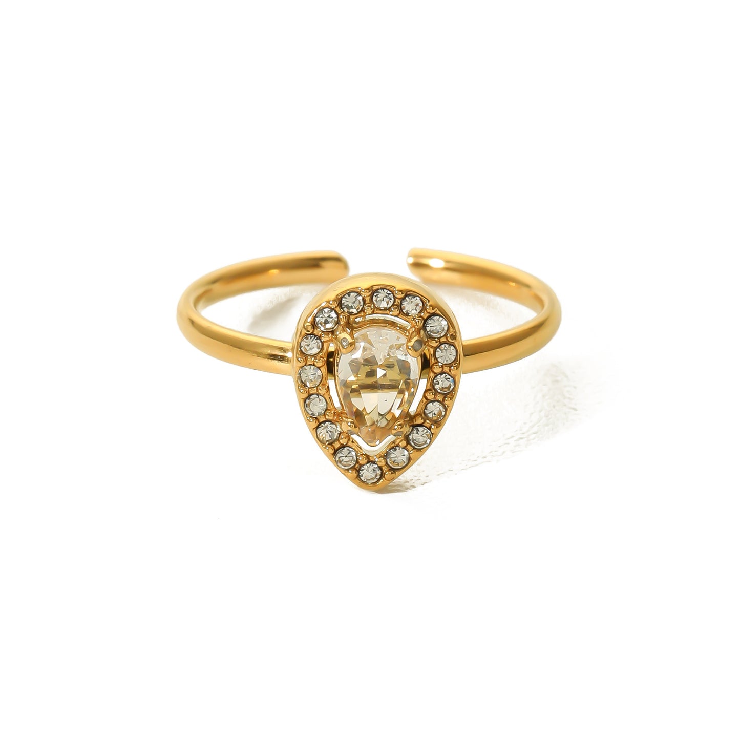 Anello da donna in acciaio inossidabile a forma di goccia d'acqua stile INS con intarsio in zircone bianco e placcatura sottovuoto in oro 18K