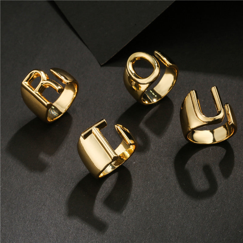 Copper Plated 18K Gold Letter Ring for Women, Adjustable Open Ring, Minimalist Fashion Casual Style, English Letter Design, Trendy Jewelry
