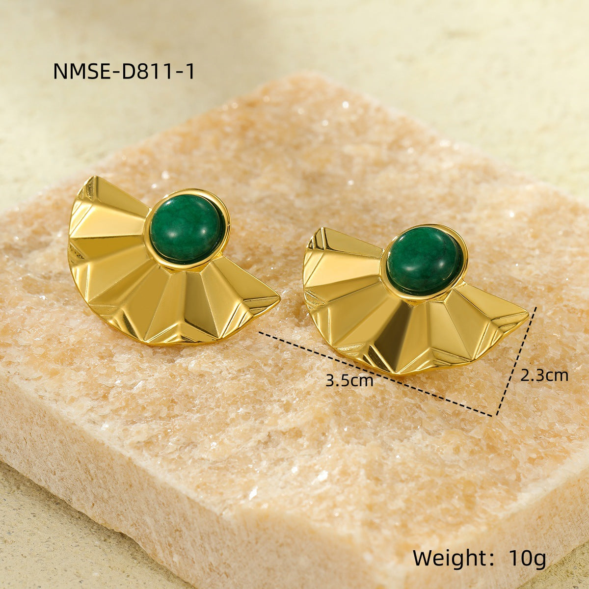 Pendientes de tuerca de acero inoxidable semircirculares con forma de abanico, minimalistas de lujo, con incrustaciones de piedra natural y acabado chapado