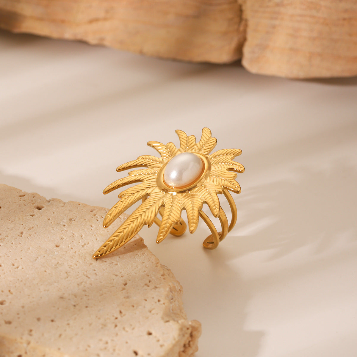 Ins Style Leaf Texture Stainless Steel Open Ring for Women with Pearl Accents