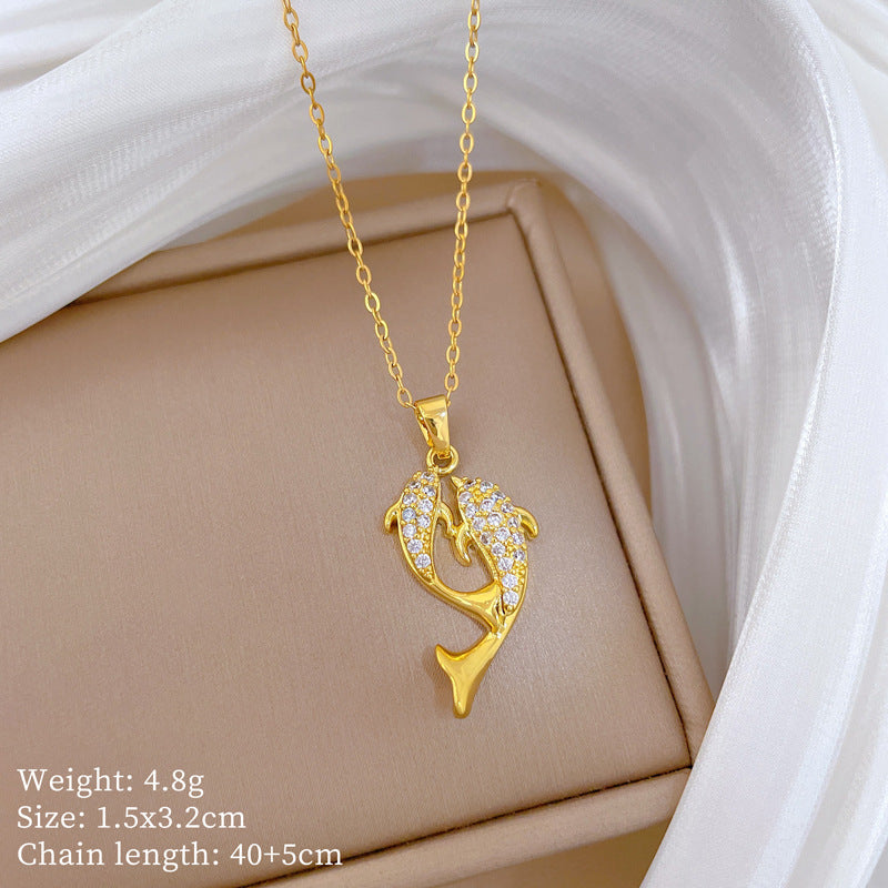 Sweet Minimalist Animal Shape Micro-Inlaid Cubic Zirconia Brass Pendant Titanium Steel Necklace for Unisex