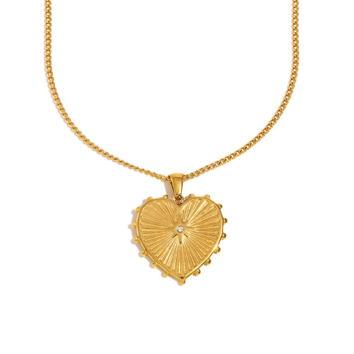 Fashionable Heart-Shaped Stainless Steel Pendant Necklace with 18K Gold Plating and Rhinestone Accents for Women