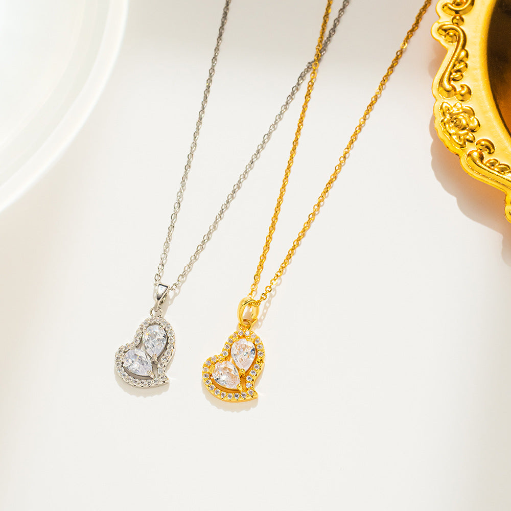 Collana minimalista di lusso in acciaio al titanio a forma di cuore con ciondolo a pavé di zirconi e catena a O placcata in oro 18 carati