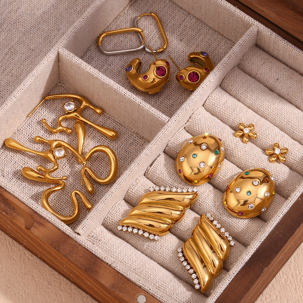 Vintage-Style Irregular Geometric Liquid Drop Earrings in Stainless Steel with 18K Gold Plating and Micro-Paved Zirconia