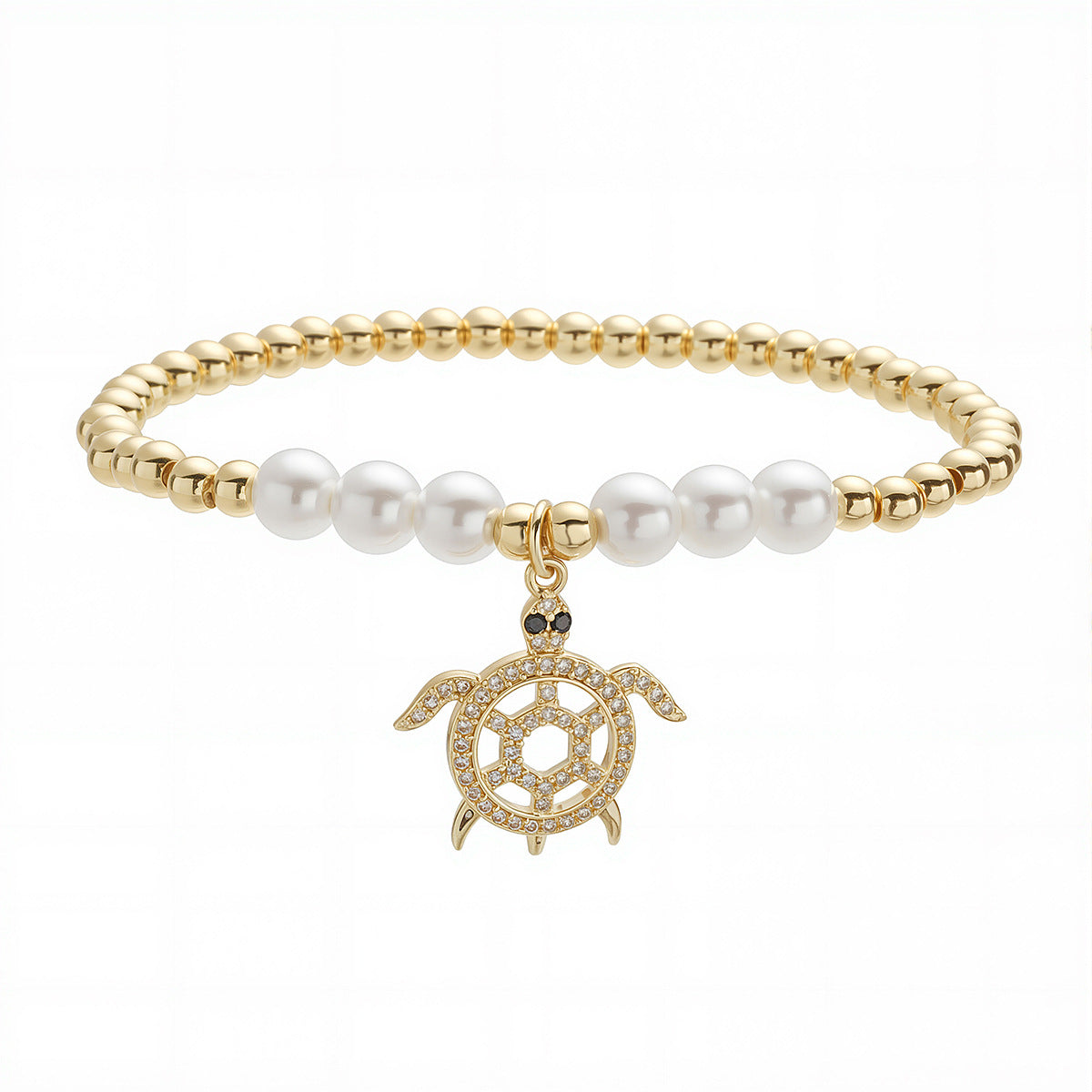 Fashion Minimalist 18K Gold Plated Brass Geometric Turtle Cubic Zirconia Pearl Ball Chain Bracelet for Women