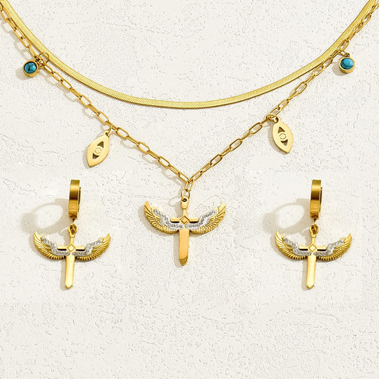 Collana minimalist con intarsi turchesi a forma di ala in rame per donna con catena a più strati per la clavicola