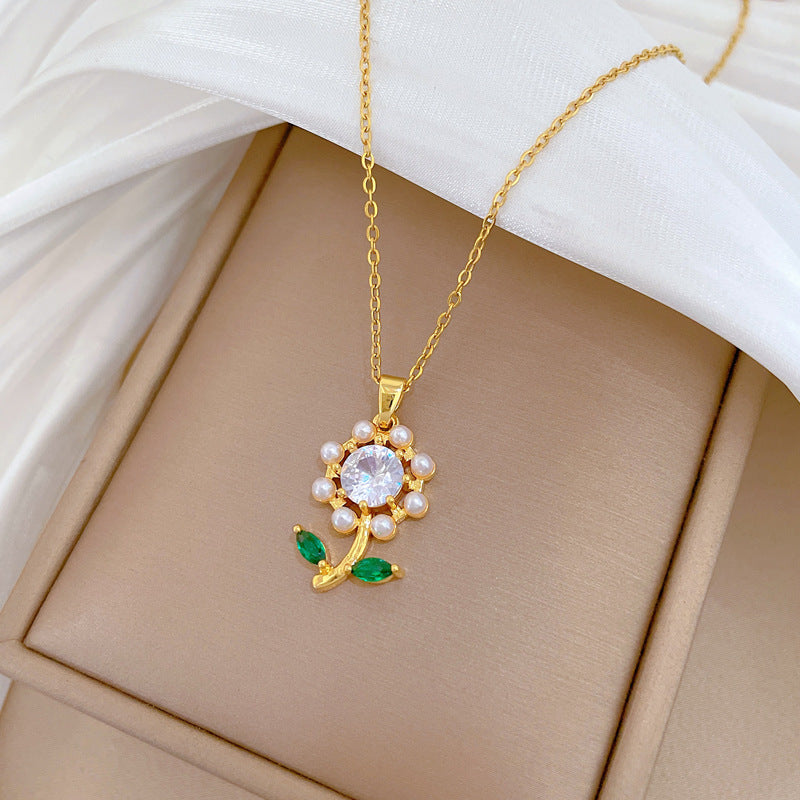 Sweet Elegant Floral Moon Rhinestone Pearl Pendant Titanium Steel Necklace for Unisex