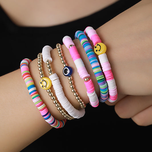 Bohemian Sweet Geometric Resin Brass Acrylic Bracelet Set with Eye and Smile Charms