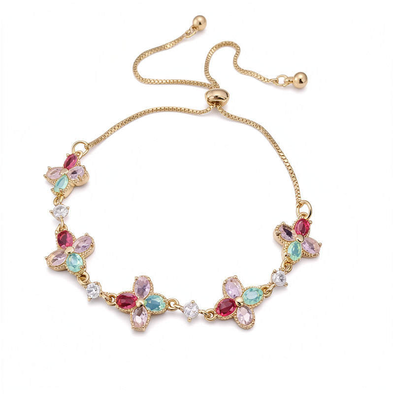 Elegant Floral Brass Bracelet with Cubic Zirconia Inlay for Women