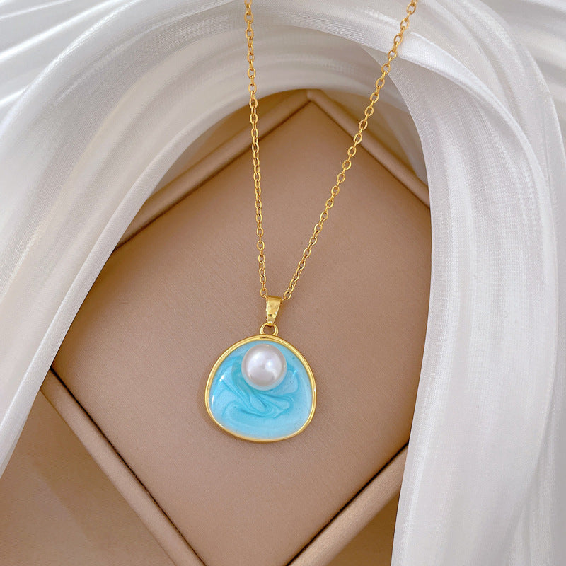 Collar minimalista con colgante de perla de acero de titanio con esmalte para mujer, delicada cadena de clavícula con forma de animal del zodiaco y patrón de estrella