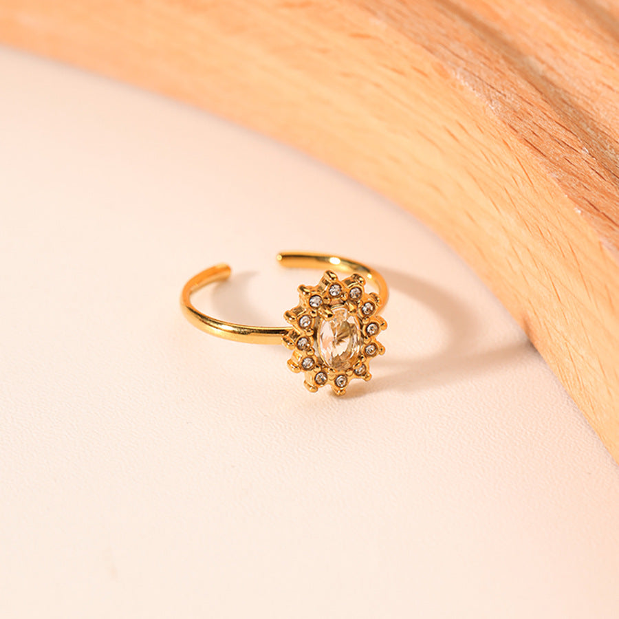 Anello da Donna Minimalista a Forma di Girasole in Acciaio Inossidabile con Intarsi in Zircone e Placcatura Sottovuoto in Oro 18K