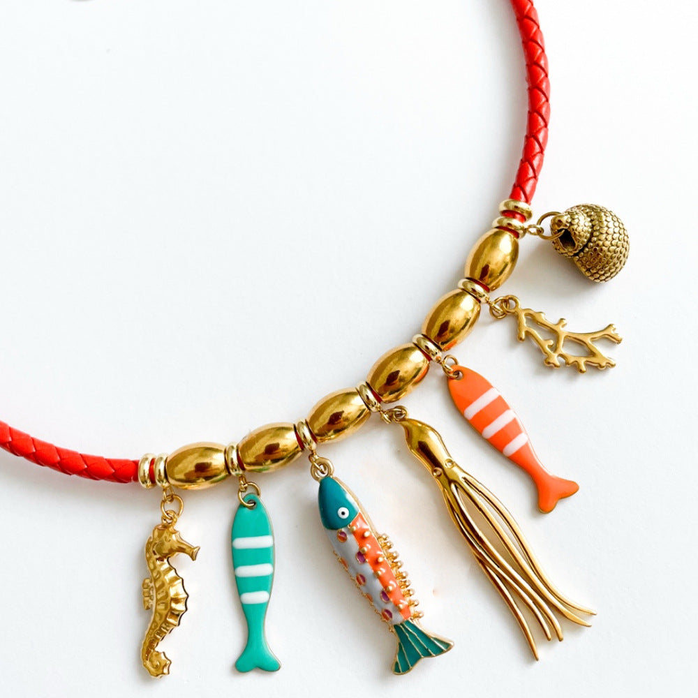 Collana con ciondolo a forma di polpo, cavalluccio marino, conchiglia e pesce pagliaccio in acciaio inossidabile placcato