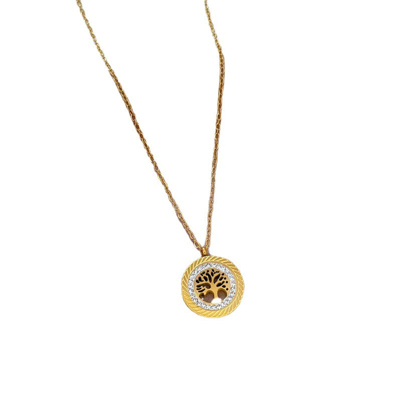 Collana pendente con albero della vita minimalista da donna in acciaio al titanio con placcatura in oro, delicata catena per clavicola