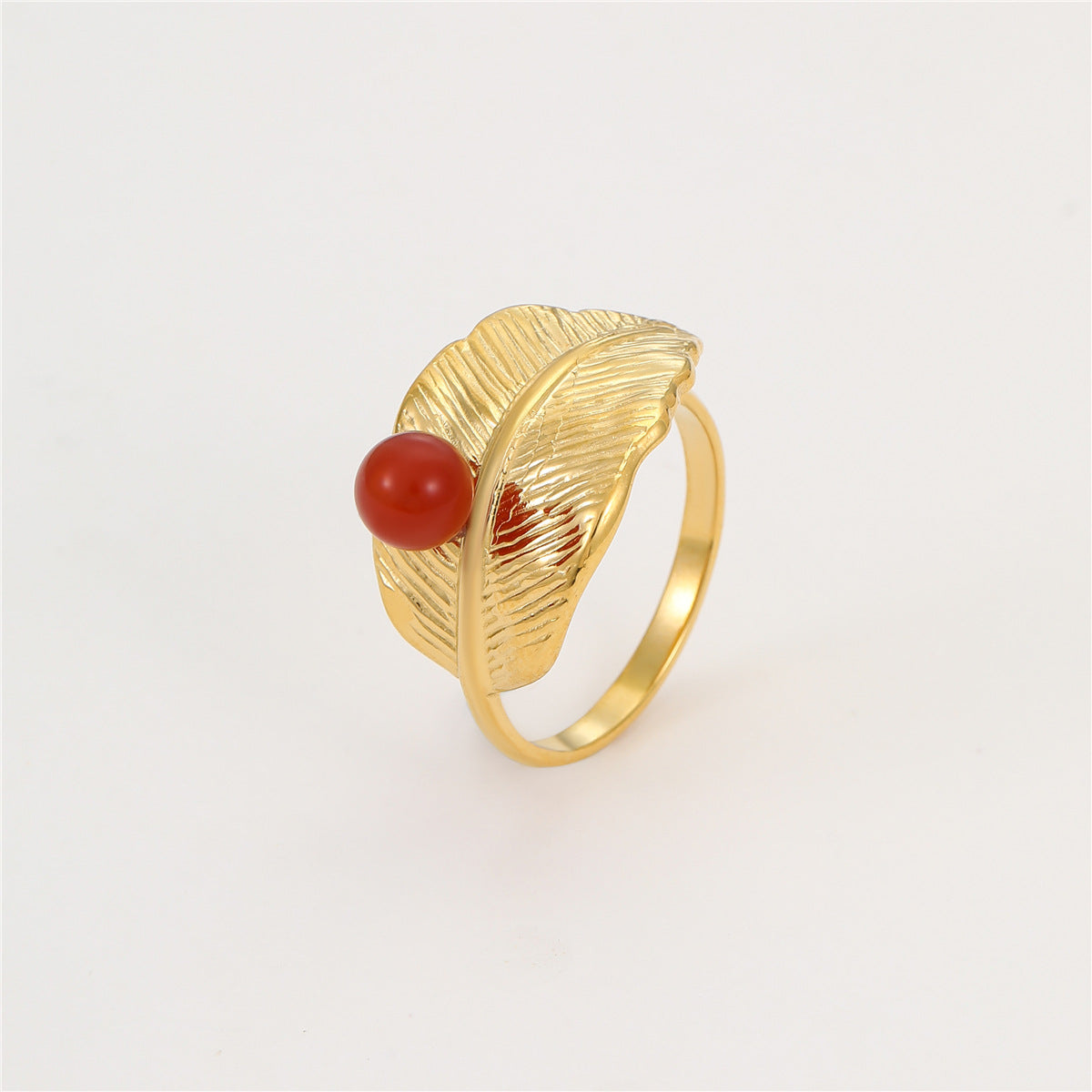 Anillo minimalista de plumas de pavo real con diseño geométrico en acero inoxidable con acabado chapado para mujer