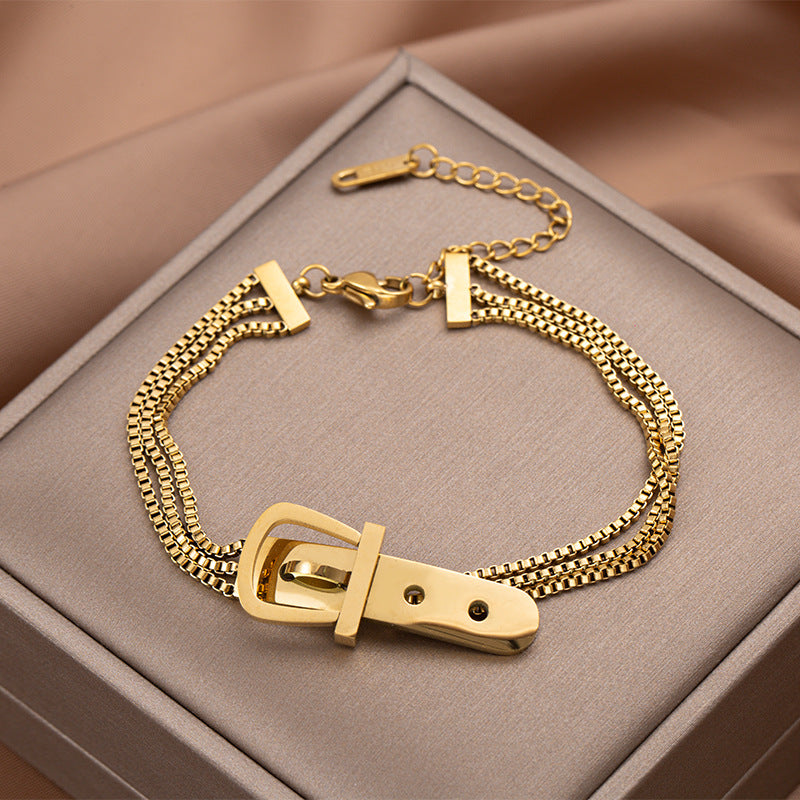 Minimalist Geometric Titanium Steel Bracelet with Belt Buckle Detail Vacuum Plated Multi-Layer Fashion Hand Chain for Women