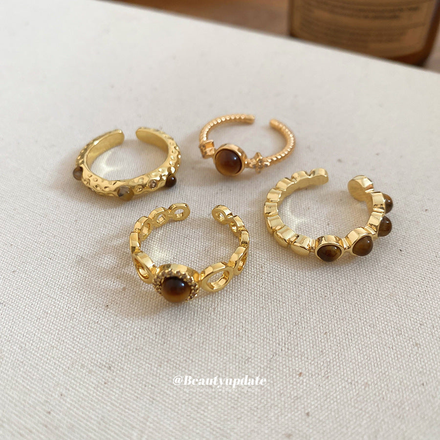 Anello in Occhio di Tigre Geometrico Stile Malaard con Intarsio in Zirconi per Donna, Anello da Dito Regolabile Lusso Minimalista