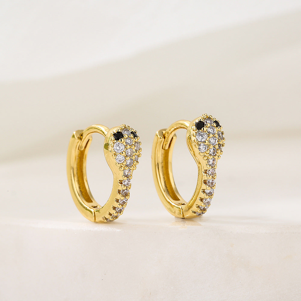 Fashionable Snake-Shaped Geometric Hoop Earrings for Women in Copper with 18K Gold Plating and Micro-Paved Zirconia