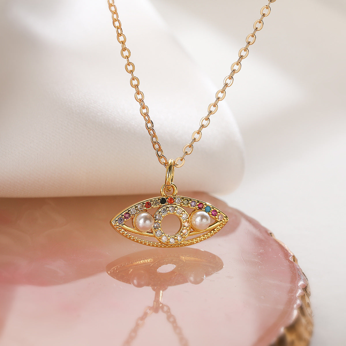 Minimalist Geometric Evil Eye Pendant Necklace for Women with Copper Base Plated in Real Gold and Zircon Inlay