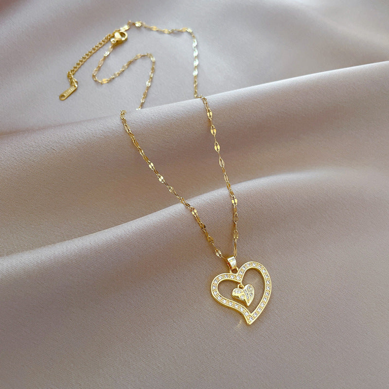 Minimalist Double Heart Shaped Titanium Steel Necklace with Zircon Inlay for Women and Men, Delicate Clavicle Chain