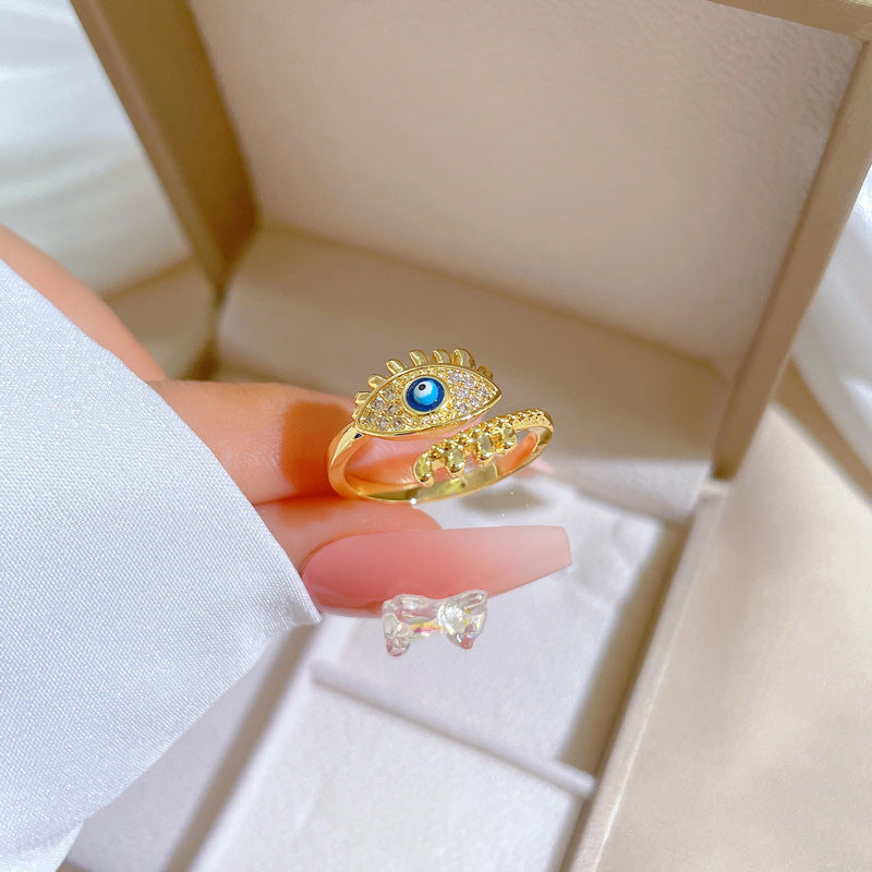 Minimalist Sweet Gold Plated Brass Eye Ring with Rhinestones Adjustable Open Band for Couples