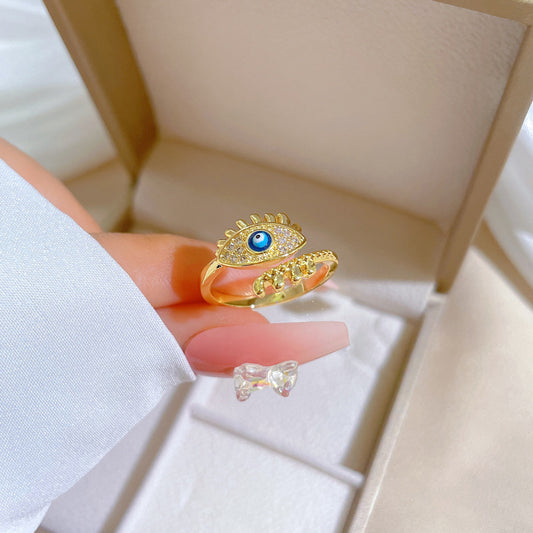 Minimalist Sweet Gold Plated Brass Eye Ring with Rhinestones Adjustable Open Band for Couples