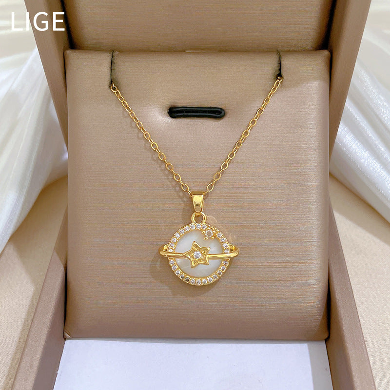 Luxury Titanium Steel Geometric Moon Shell Planet Pendant Necklace for Women with Rhinestone Inlay and Delicate Clavicle Chain