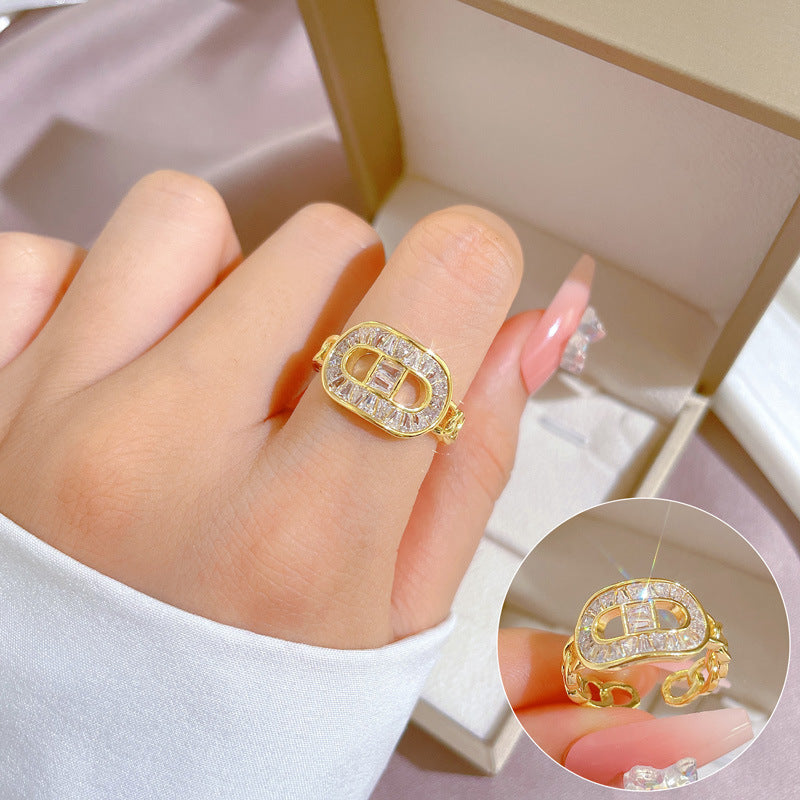 Luxury Minimalist Plated Brass Crown Rhinestone Adjustable Ring for Women