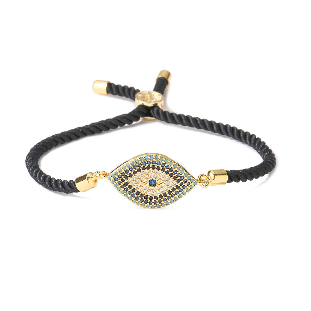 Geometric Evil Eye Rhinestone Micro-Paved Copper Bracelet for Women with Red Cord
