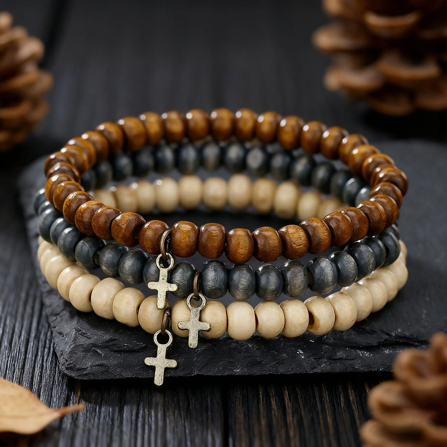 Handmade Round Wood Bead and Alloy Bracelet Unisex Geometric Stackable Jewelry