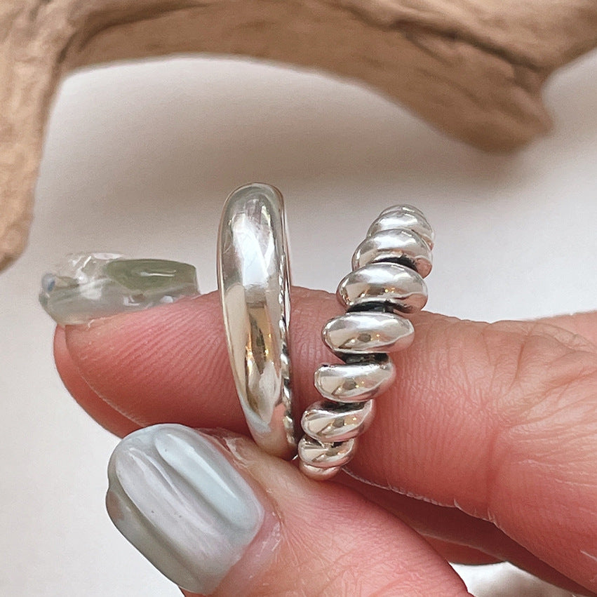 French Vintage Wave-Shaped 925 Sterling Silver Adjustable Knot Ring for Women