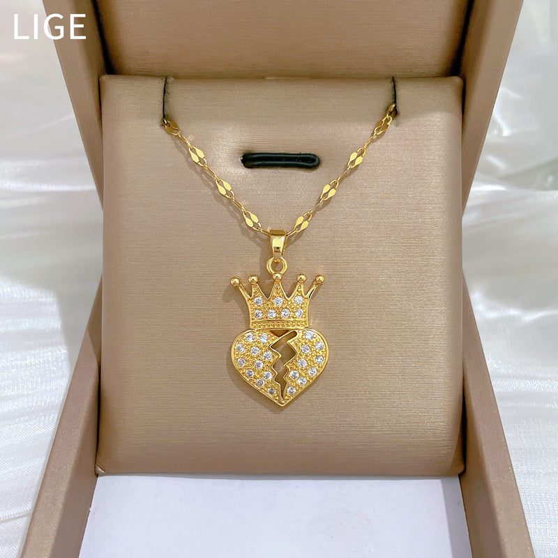 Collar de lujo con colgante de corazón de corona de acero de titanio para mujer con incrustaciones de diamantes de imitación, diseño geométrico, delicada cadena para la clavícula