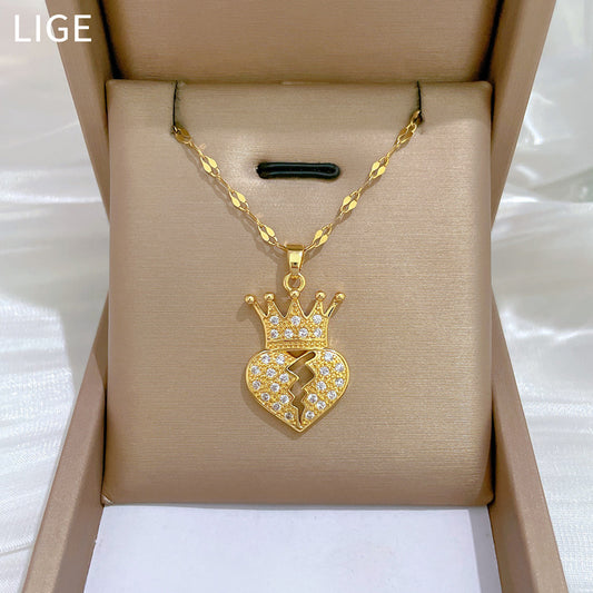 Collar de lujo con colgante de corazón de corona de acero de titanio para mujer con incrustaciones de diamantes de imitación, diseño geométrico, delicada cadena para la clavícula