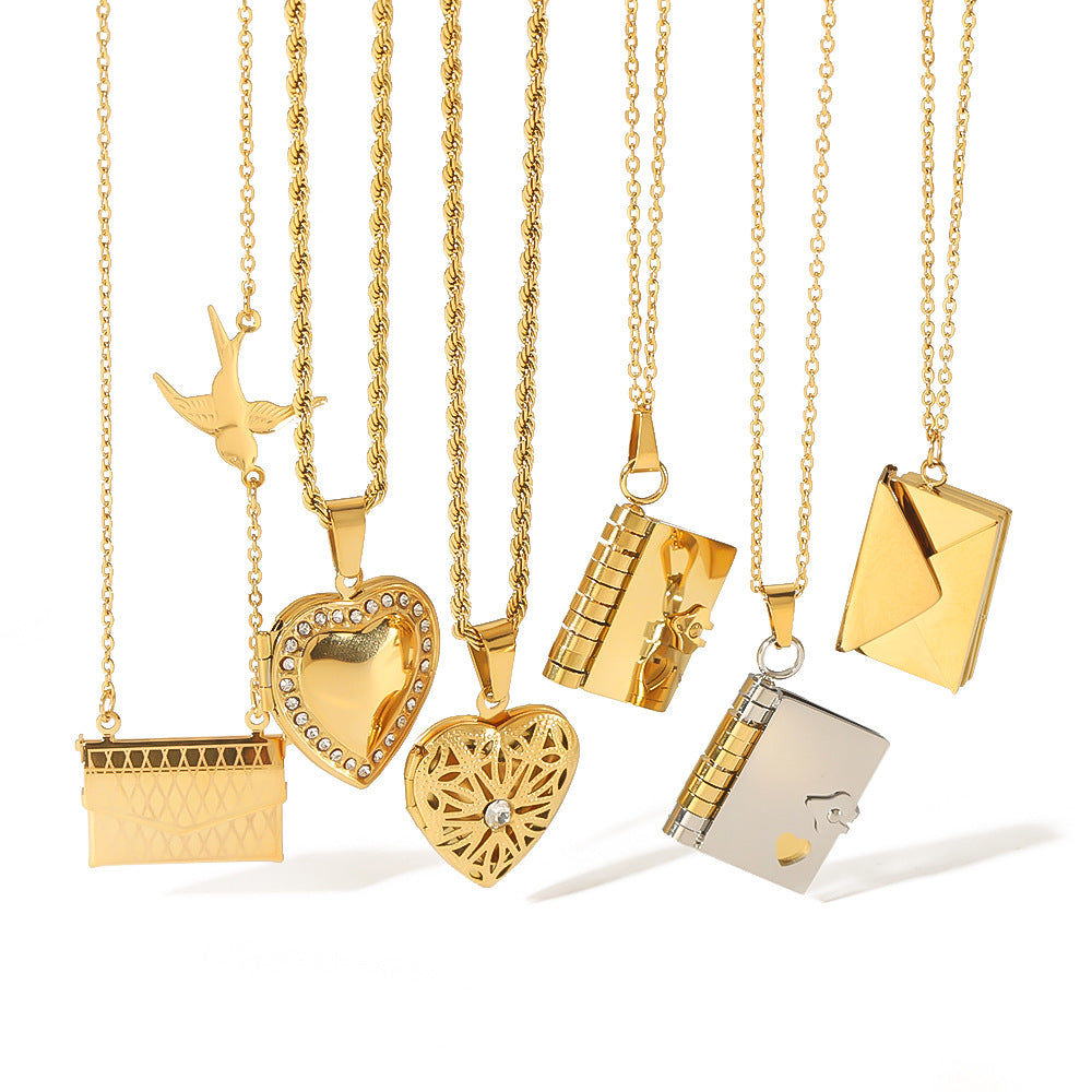 Collana minimalista a forma di libro da donna con catena in acciaio inossidabile e chiusura a cuore in acciaio al titanio placcato in oro 18 carati